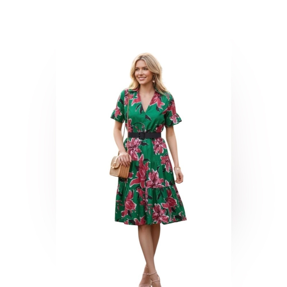ZARA.  Green Tiered Midi Dress with Notched Collar 100% Cotton.